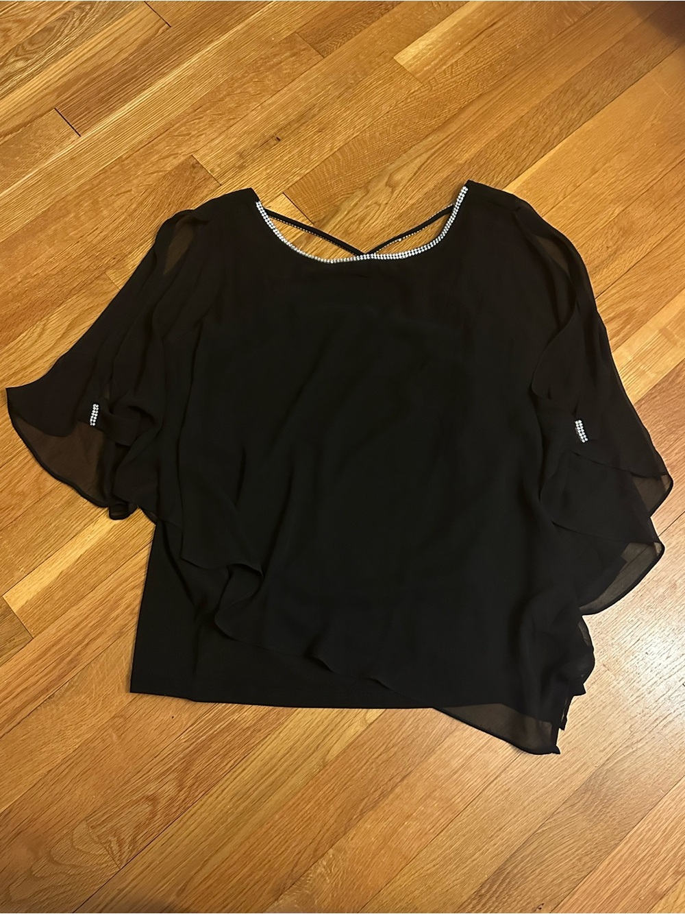Chaus Black Layered Chiffon Blouse with Rhinestone Neckline